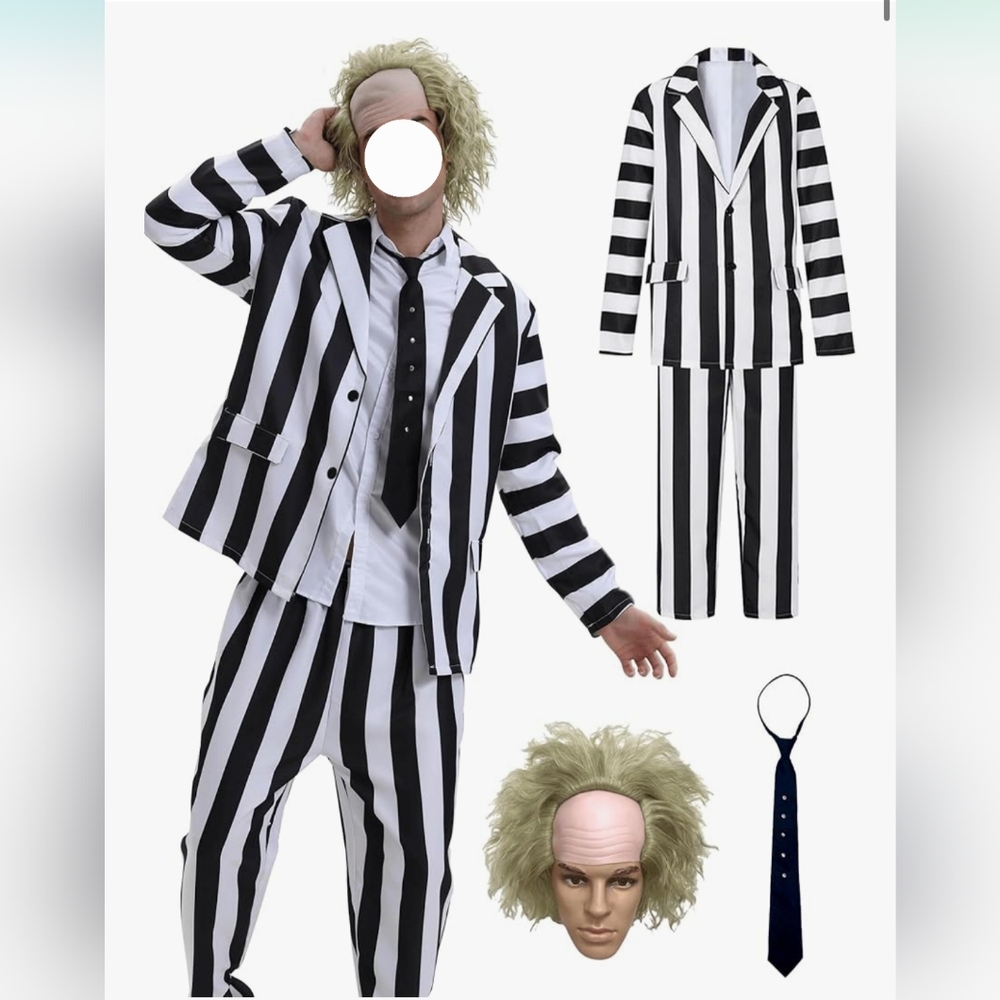 Beetle Juice Black & White Striped Men's Costume Suit with Tie and Wig